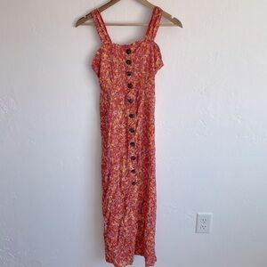 Japna orange floral button front midi dress XS smocked back prairie cottagecore